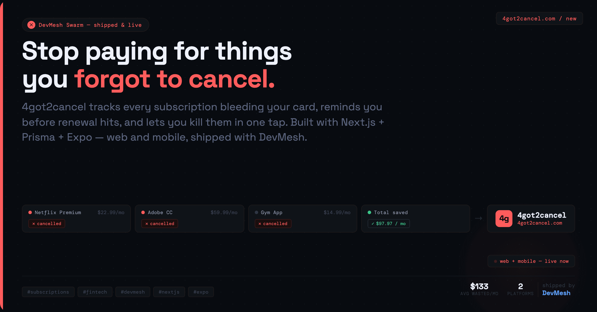 LinkedIn post card for 4got2cancel built with DevMesh