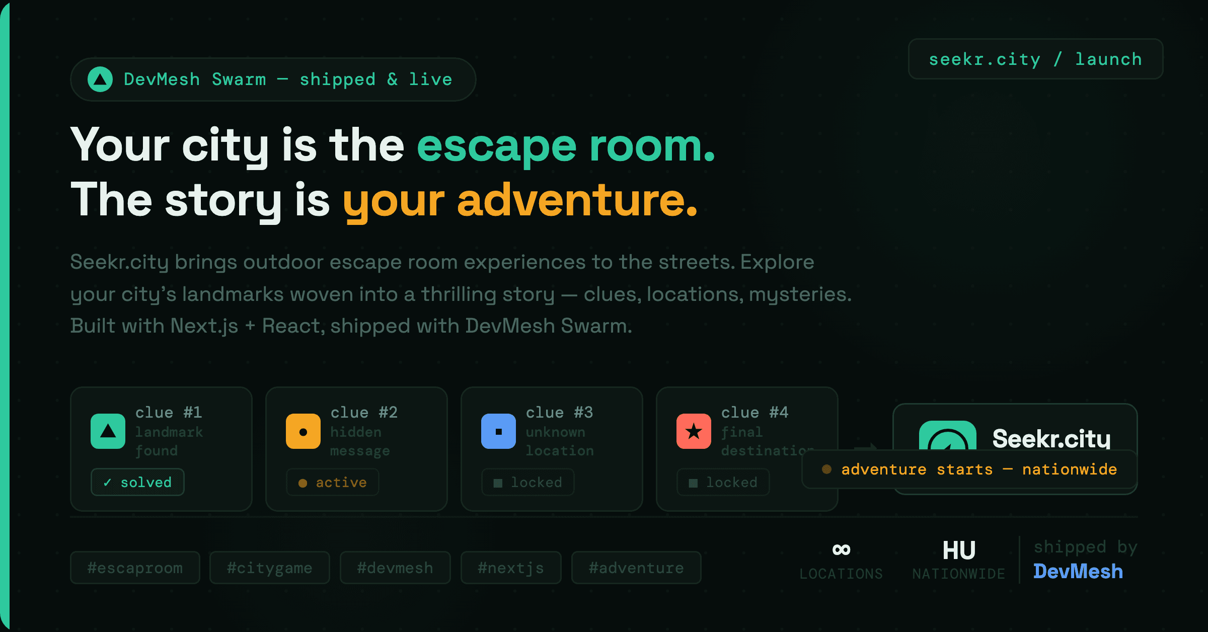 Seekr.city launch card shipped with DevMesh Swarm