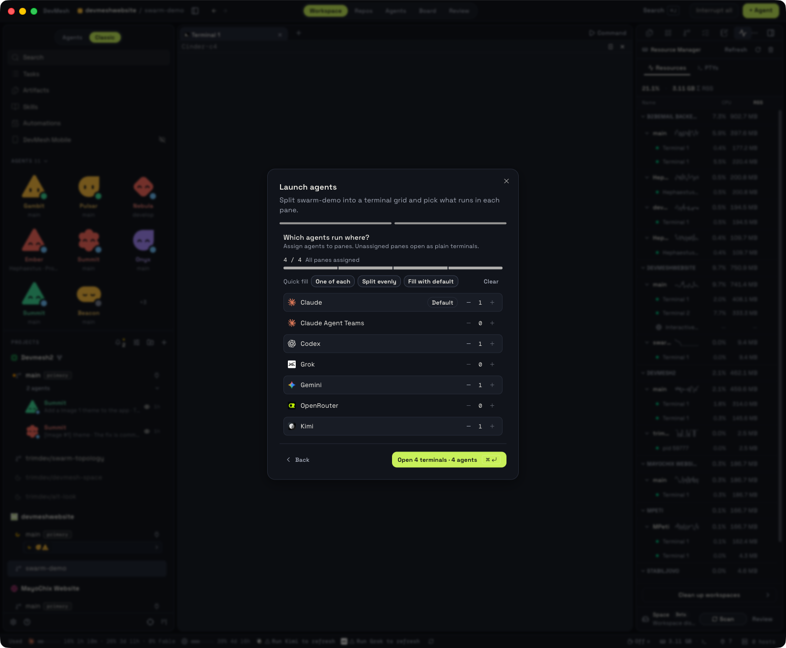 Launch agents: split a workspace into a terminal grid and pick what runs in each pane.
