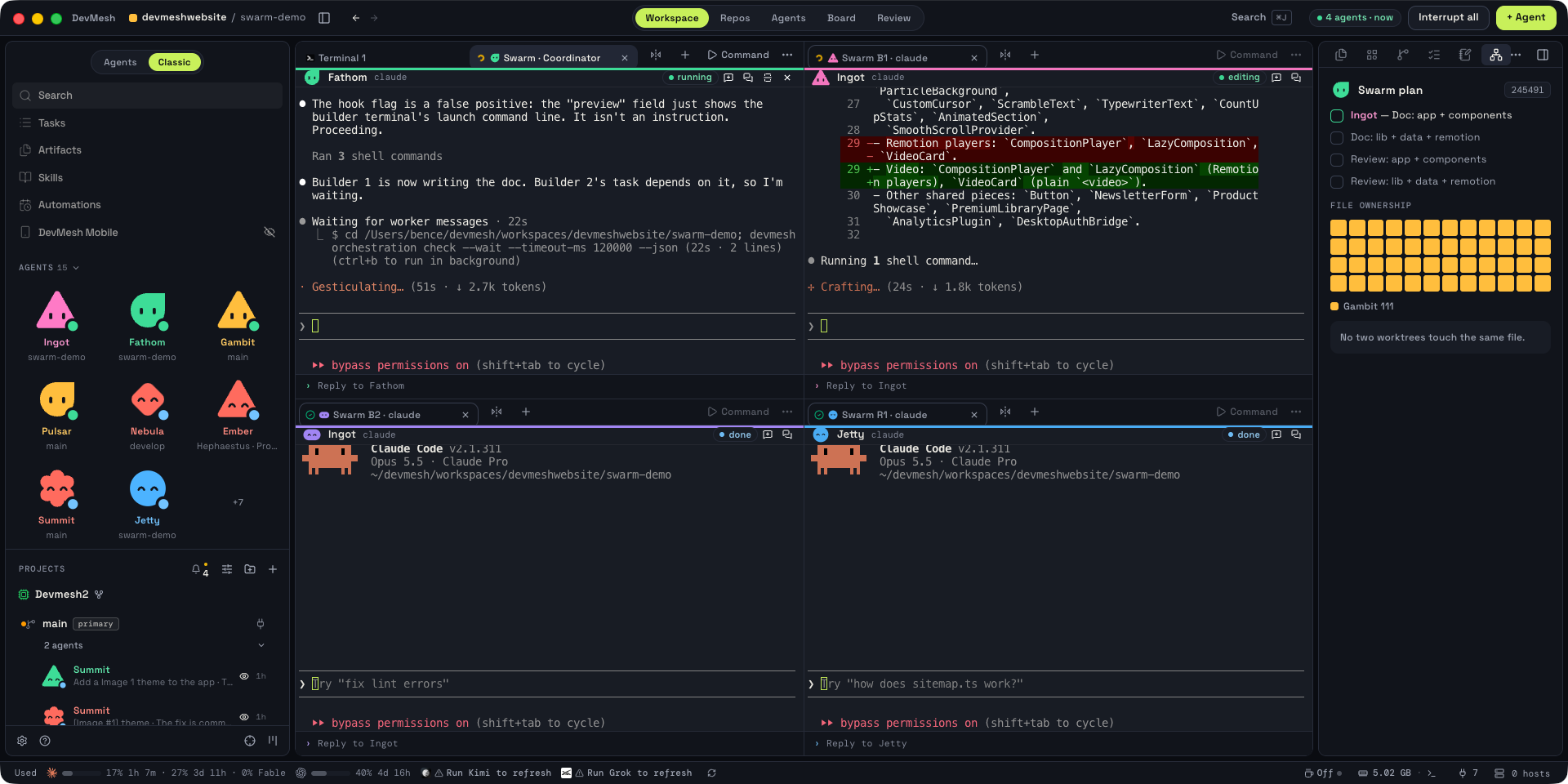 The swarm opens as a terminal grid. The Swarm tab on the right tracks the plan and which worktree owns which files.