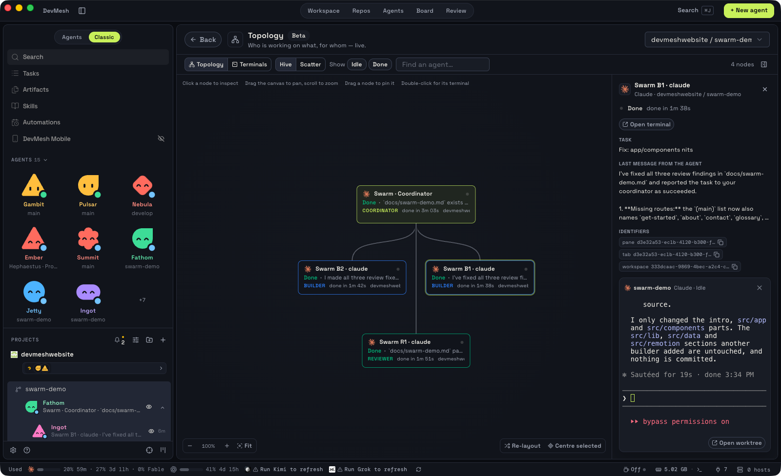 Select a node to see its task, last message and terminal, right in Topology.