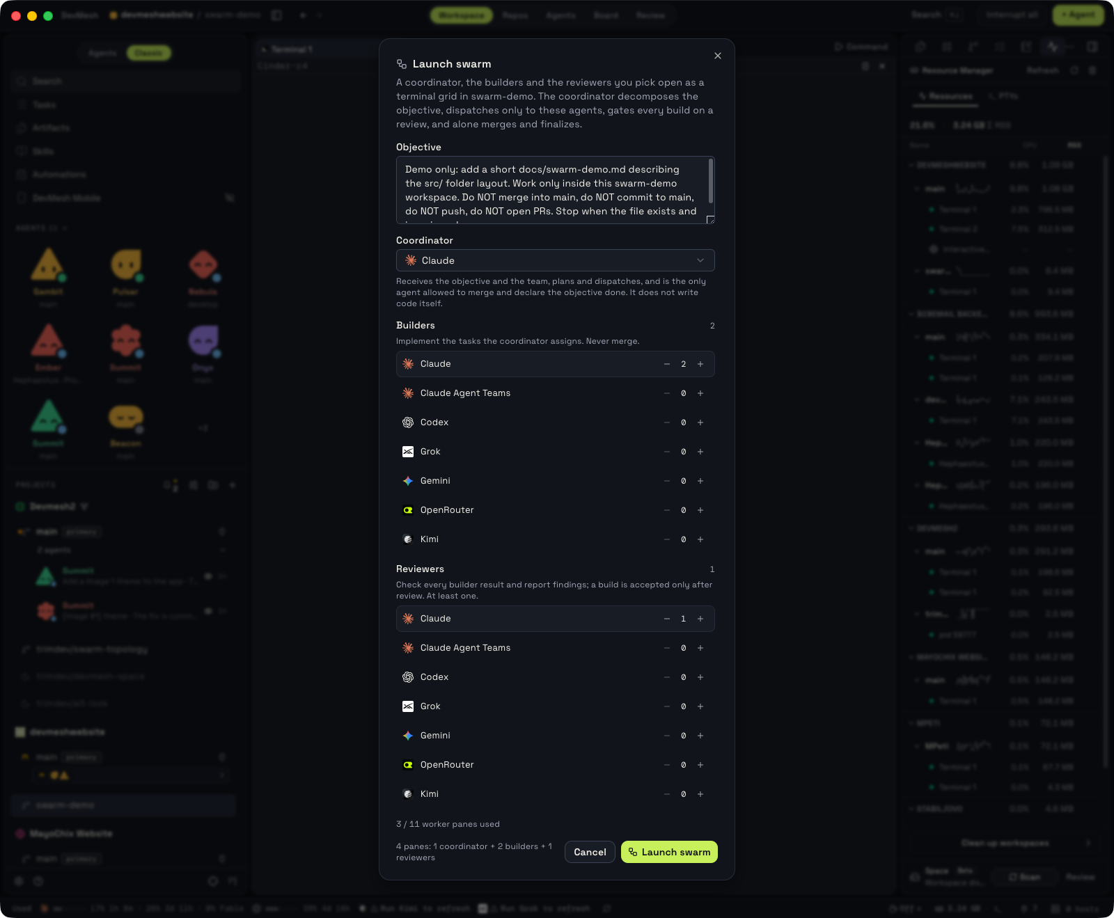 Launch swarm: write the objective, pick a coordinator, builders and reviewers.